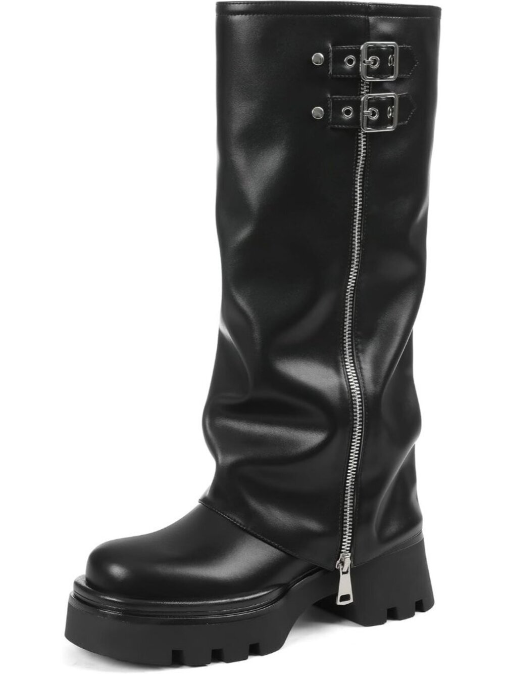 Women's Black Knee High Boots Foldover Wide Calf Pull on Cute Chunky Platform